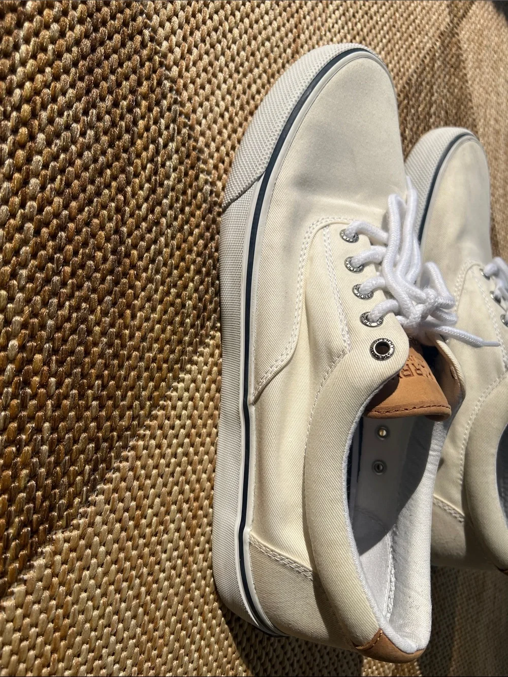 Sperry White Canvas Men's Boat Shoes with Tan Accents Size 11
